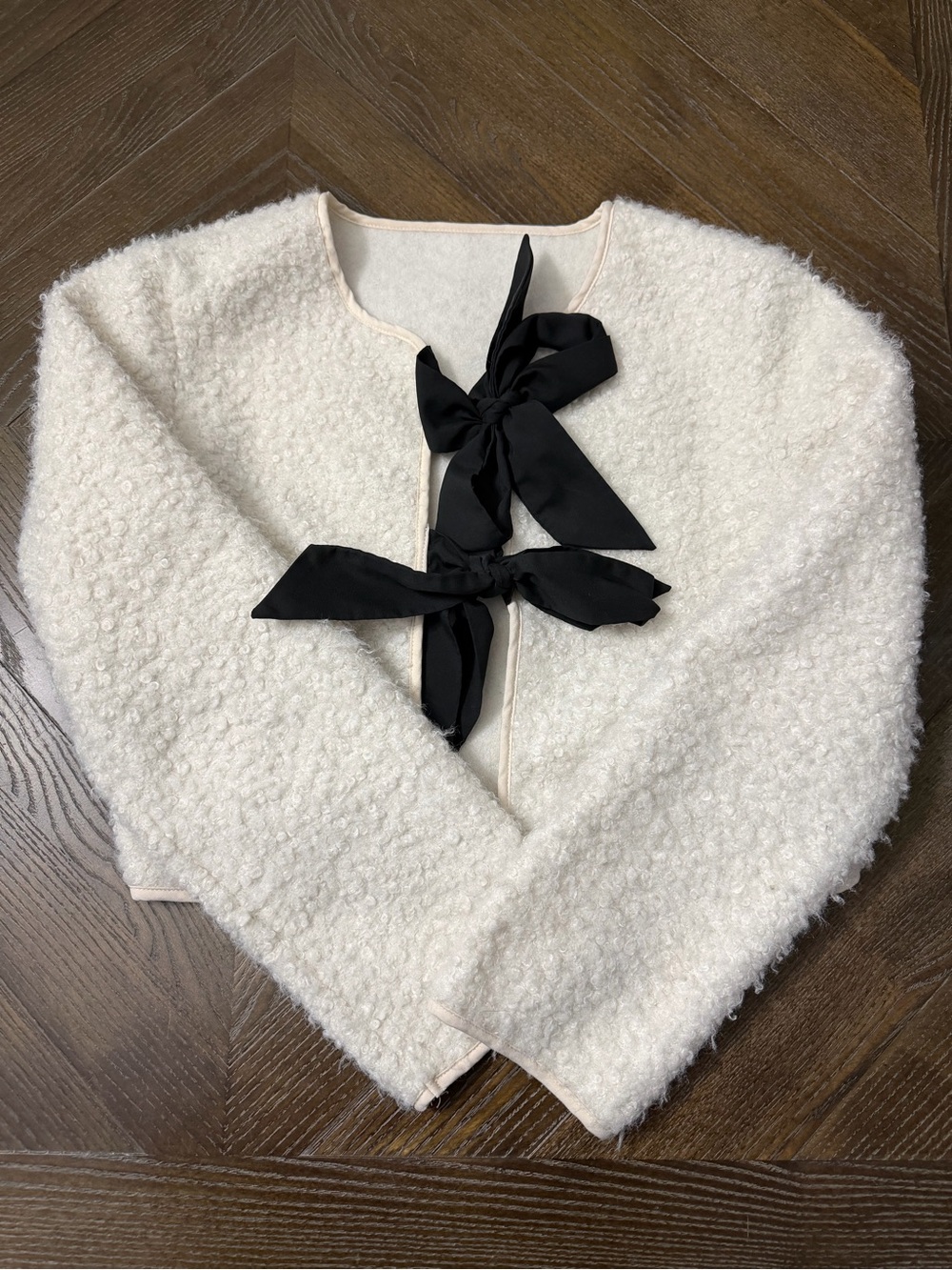 SHEIN Cream Bouclé Knit Cardigan with Black Ribbon Bows
